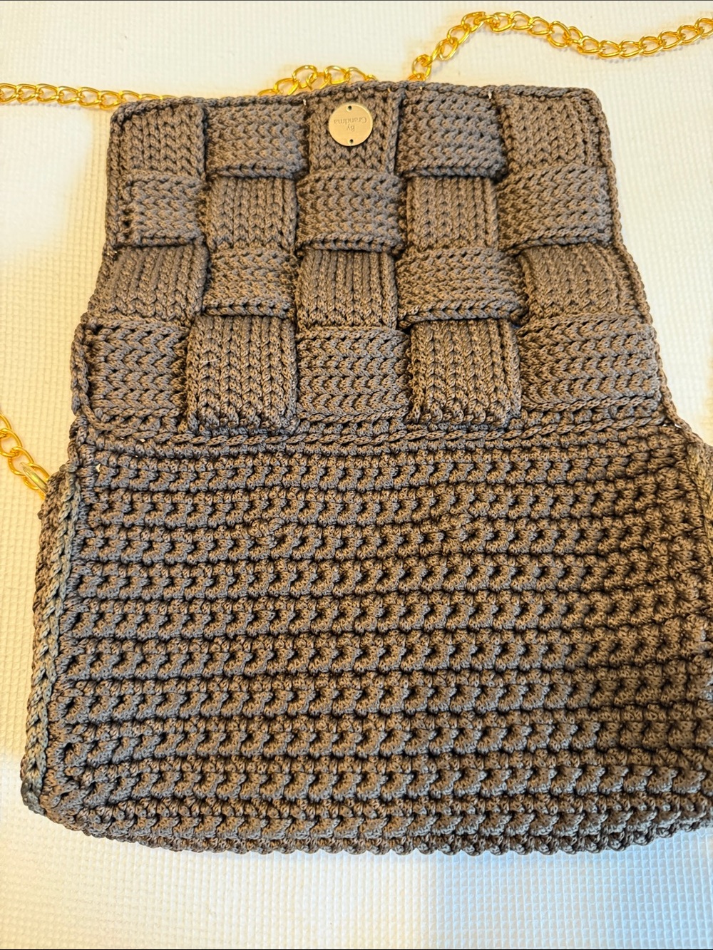 Handmade Woven Crochet Crossbody Bag - Brown and Golden Chain - Picture 10 of 15